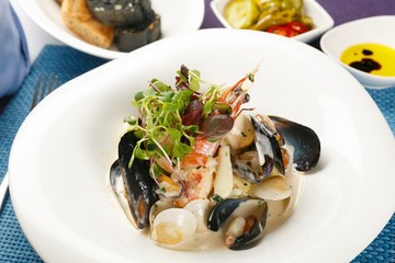 seafood cream pasta on plate