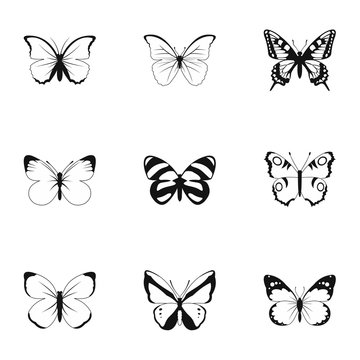 Creatures butterflies icons set, simple style