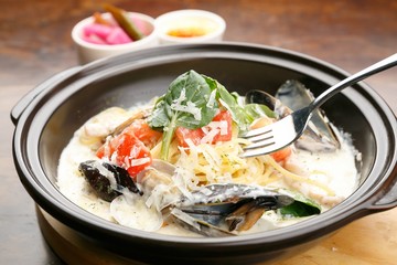 seafood cream pasta on plate