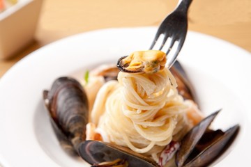 seafood cream pasta on plate