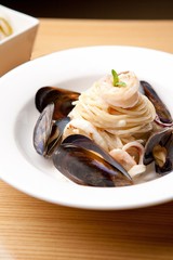 seafood cream pasta on plate