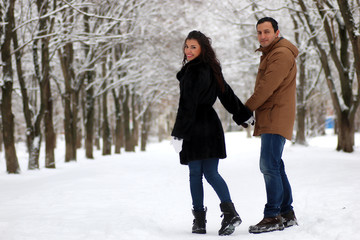 beautiful young couple in a snowy park wrapped