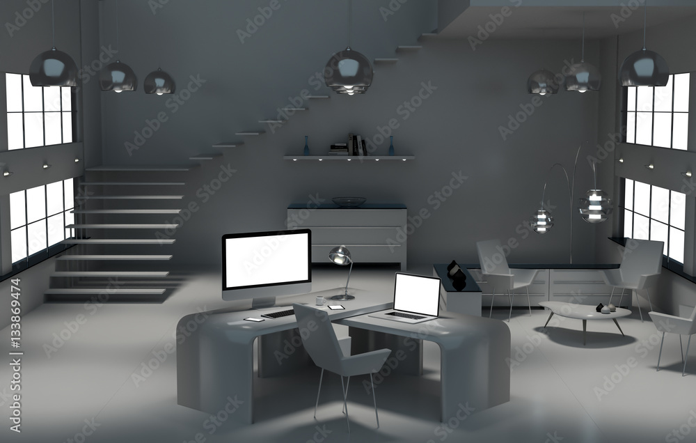Poster modern dark desk office interior with computer and devices 3d re