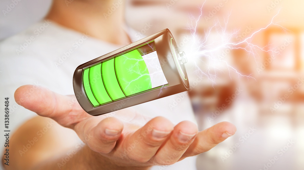 Aufkleber man holding 3d render battery with lightning in his hand
