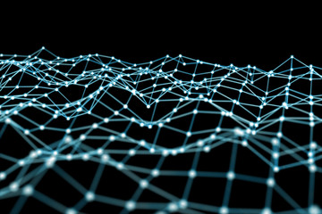 Floating white and blue dot network 3D rendering
