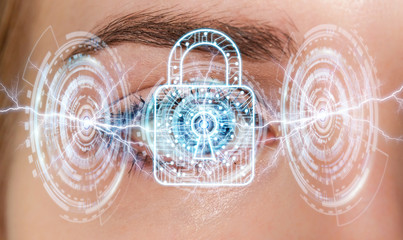 Close-up of woman digital eye padlock concept 3D rendering