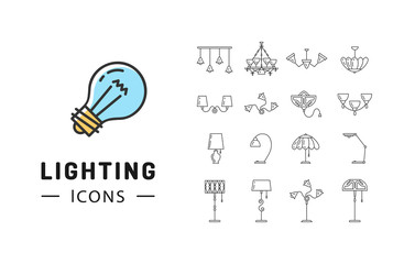 Fototapeta premium Lamp icon set, lighting store flat design. Thin line symbols: chandelier, lampshade, decorative lightings, wall lamp. Brand identity graphics, business concept. Vector isolated black icons
