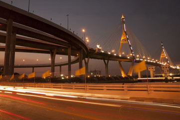 Fototapeta na wymiar Bhumibol bridge the industrial ring bridge or mega bridge at night.