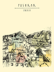 High point view of Pushkar holy town in Rajasthan state, India. Mountain range, temple, houses. Hand-drawn artistic postcard