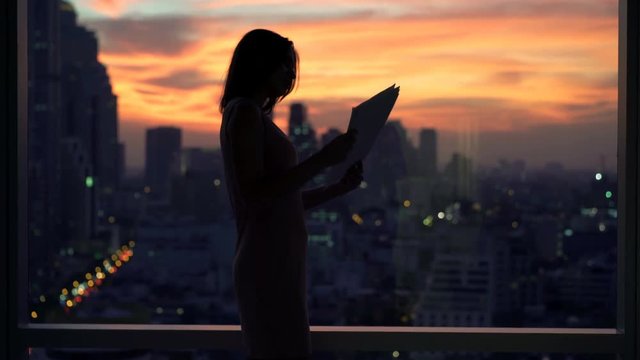 Young businesswoman reading documents standing by window
