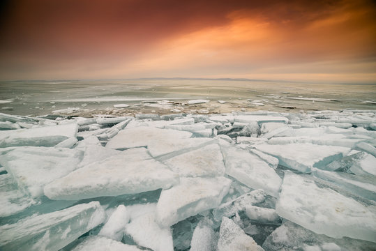 icy lake Balaton in wintertime