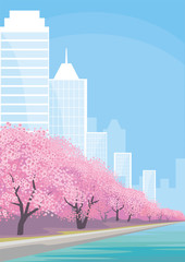 Beautiful spring city landscape with the blossoming Oriental cherry and skyscrapers. Vector background.