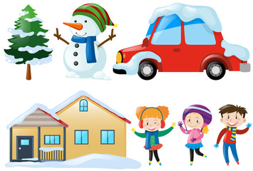 Winter set with snowman and children