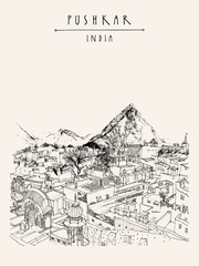 Pushkar, Rajasthan, India. City and mountain view. Vintage hand drawn postcard or poster template