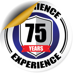 75 years experience blue sticker, button, label and sign.