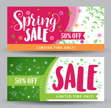 Spring sale banners with different colorful designs for spring seasonal promotions with plants and flowers elements and decoration in white background. Vector illustration.
