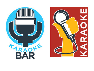 Karaoke club and bar vector labels or logotype design collection set.