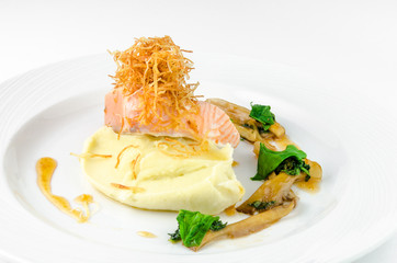 Salmon with mashed potatoes and gravy on a plate on a white background, closeup