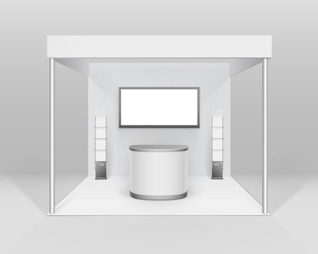 Vector White Blank Indoor Trade exhibition Booth Standard Stand for Presentation with Counter Screen Booklet Brochure Holder Isolated on Background
