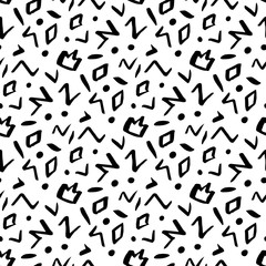 Fototapeta na wymiar Seamless pattern in memphis style with geometric design ink elements: crown, rhombus, circle, zigzag.