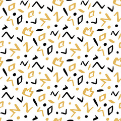 Seamless pattern in memphis style with geometric design ink elements: crown, rhombus, circle, zigzag. In black and gold colors