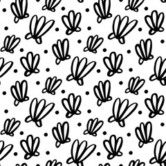 Seamless pattern with shell in marine style. Hand-drawing of black ink on a white background. Vector Image.