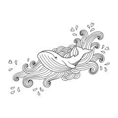 Hand-drawing whale in abstract waves on white background. Vector illustration