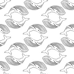 Whale hand-drawn ink. Black and white seamless pattern in marine style.