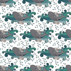 Fototapeta premium Seamless pattern with hand-drawing whale in abstract waves on white background. Vector illustration.
