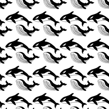 Whale and killer whale, hand-drawn ink. Black and white seamless pattern in marine style.
