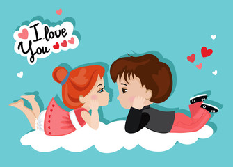 Valentine's Day. Loving girl and boy looking at each other. Love card.