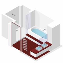 Modern bathroom with wooden floor in isometric perspective. Shower enclosure with sliding glass doors. Bathtub filled with water. Bathroom sinks with mirror. Vector sanitary washroom equipment.
