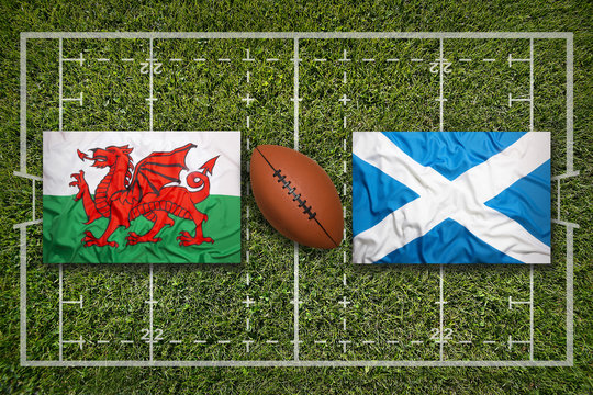 Wales Vs. Scotland Flags On Rugby Field