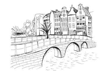 Panorama Amsterdamu/ Rysunek ręcznie rysowany na białym tle. - obrazy, fototapety, plakaty