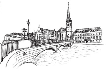 Panorama miasta Zurich.Rysunek ręcznie rysowany na białym tle. © Edwardkarczmarski