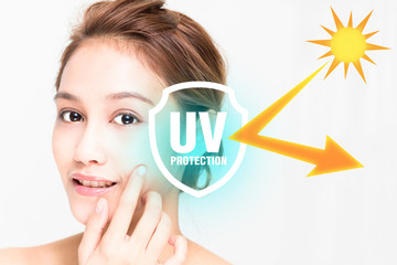 beautiful woman and sunscreen, UV protection.
