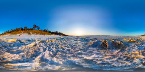 360 180 panorama of snow sunrise wave on the shore of Olkhon. Ba