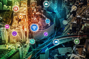 smart city and wireless communication network, IoT(Internet of Things), ICT(Information Communication Technology), digital transformation, abstract image visual