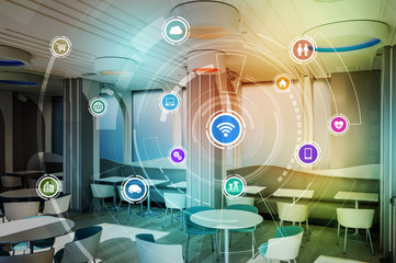 modern room interior and various device symbol icons, wireless communication network, Internet of Things, Smart City, Smart Grid, abstract image visual