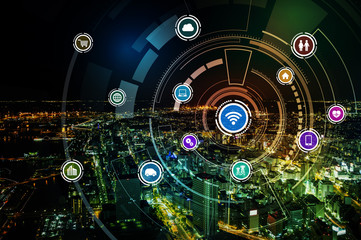 Fototapeta na wymiar smart city and wireless communication network, IoT(Internet of Things), ICT(Information Communication Technology), digital transformation, abstract image visual