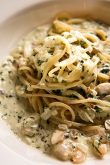spinach cream pasta on table