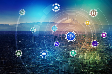smart city and wireless communication network, IoT(Internet of Things), ICT(Information Communication Technology), digital transformation, abstract image visual