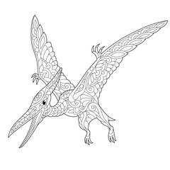 Stylized pterodactyl dinosaur, pterosaur of the late Jurassic period, isolated on white background. Freehand sketch for adult anti stress coloring book page with doodle and zentangle elements. © Sybirko