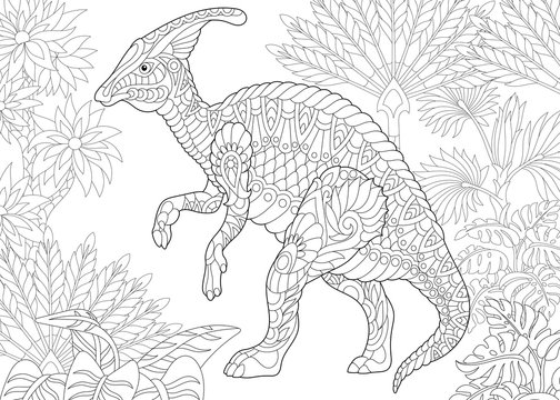 Stylized hadrosaur dinosaur of the middle to late Cretaceous period. Freehand sketch for adult anti stress coloring book page with doodle and zentangle elements.