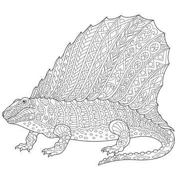 Stylized dimetrodon dinosaur, fossil reptile of the Permian period, isolated on white background. Freehand sketch for adult anti stress coloring book page with doodle and zentangle elements.