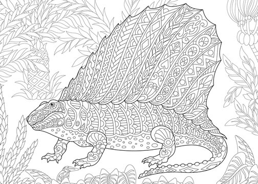 Stylized dimetrodon dinosaur, fossil reptile of the Permian period. Freehand sketch for adult anti stress coloring book page with doodle and zentangle elements.