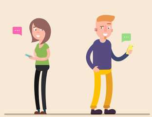 Fototapeta premium Man and woman communicate through phone messages.