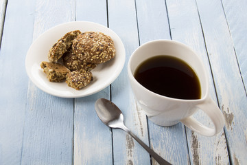 oatmeal cookies coffee breakfast cook rustic wooden background
