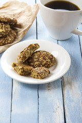 oatmeal cookies coffee breakfast cook rustic wooden background
