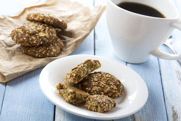 oatmeal cookies coffee breakfast cook rustic wooden background
